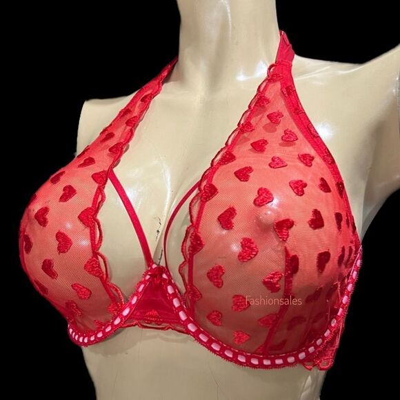 Victoria’s Secret Dream Angels Heart Embroidered Mesh Halter unlined Bra Red XL - Picture 1 of 9